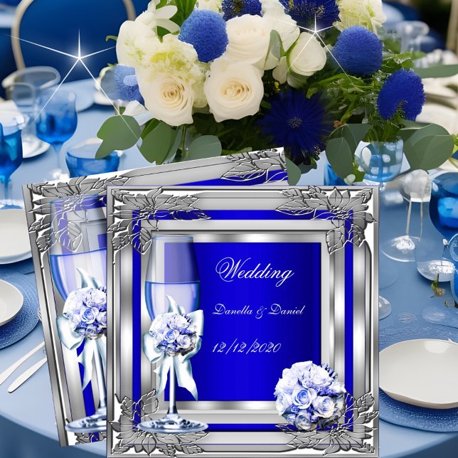 Elegant Wedding Silver Blue Floral Roses Invitation (Creator Uploaded)