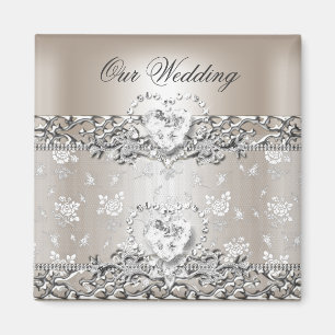 Elegant Wedding Silver Cream Diamond Heart Invitat Magnet