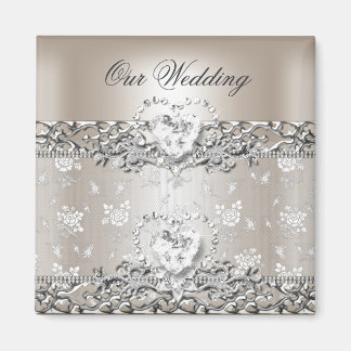 Elegant Wedding Silver Cream Diamond Heart Invitat Magnet