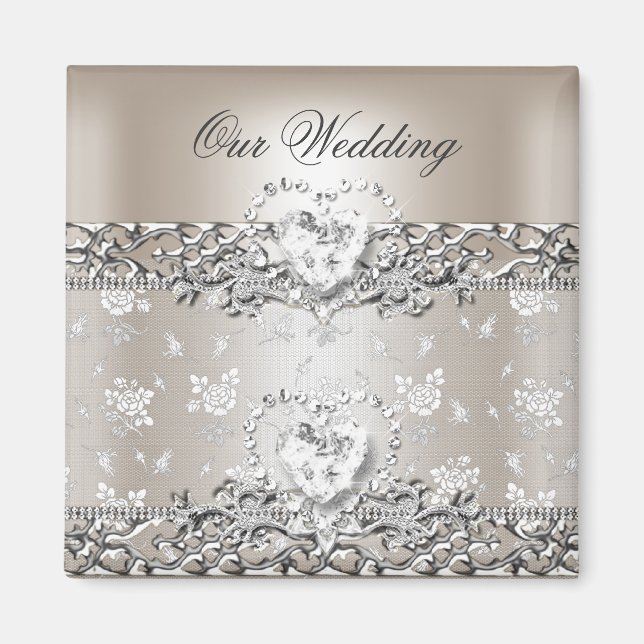 Elegant Wedding Silver Cream Diamond Heart Invitat Magnet (Front)