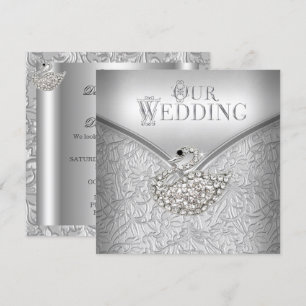 Elegant Wedding Silver Damask White Swan Invitation