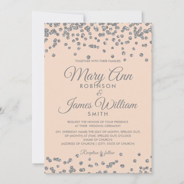 Elegant Wedding Silver Faux Glitter Confetti Blush Invitation (Front)