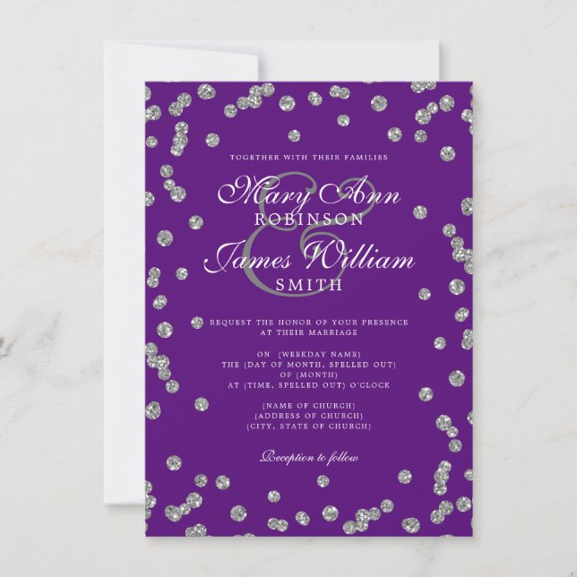 Elegant Wedding Silver Glitter Confetti Purple  Invitation (Front)