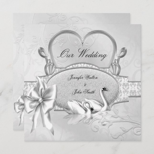 Elegant Wedding Silver White Swans Heart Bow Invitation (Front/Back)