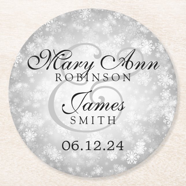 Elegant Wedding Silver Winter Wonderland Round Paper Coaster (Front)