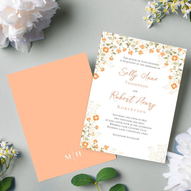 Elegant Wedding Simple Peach Floral Invitation (Elegant peach floral wedding invitation with a monogram on the backside. )
