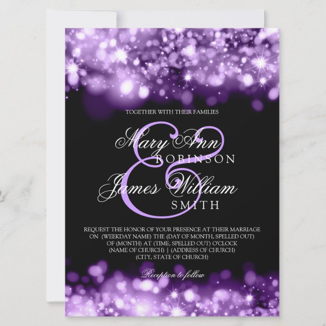 Elegant Wedding Sparkling Lights Purple Invitation (Front)