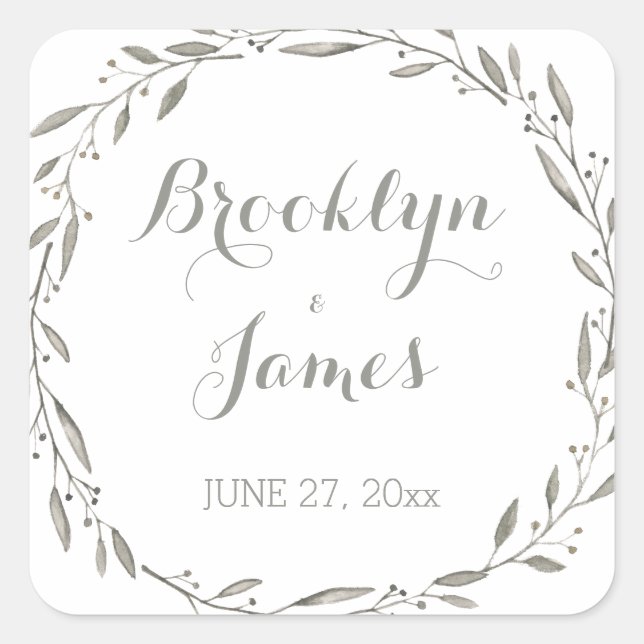 Elegant Wedding Stickers Grey Floral Wreath (Front)