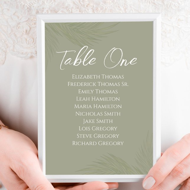 Elegant Wedding Table Number Green Palm Leaves  (Tropical Wedding Table Number Sign with tropical palm leaves. )