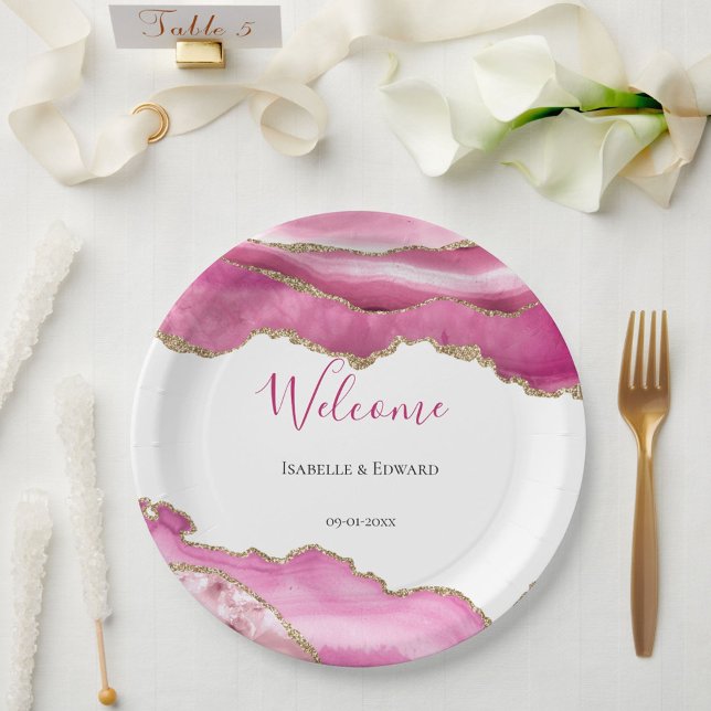 Elegant Wedding Tableware Pink & Gold Agate Stone Paper Plate (Creator Uploaded)