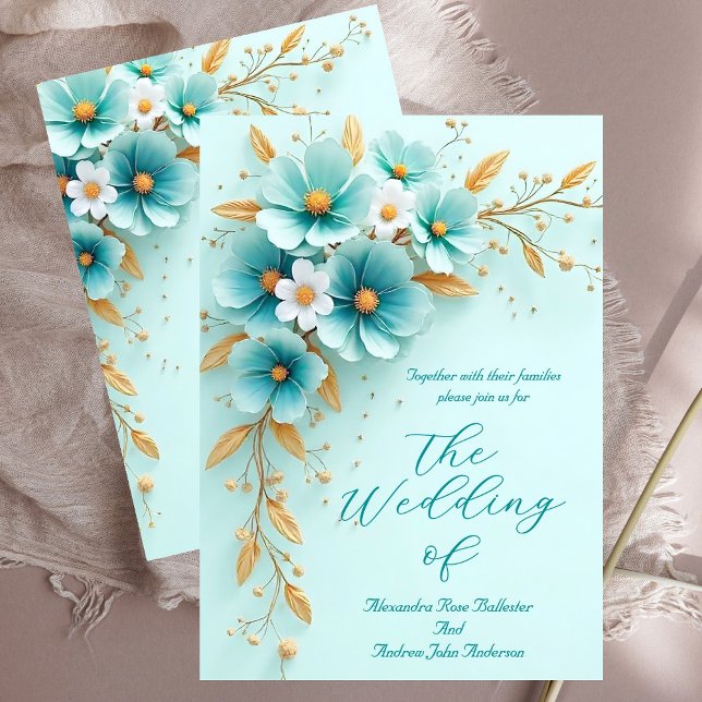 Elegant Wedding Teal Blue White Gold Flowers Invitation (Creator Uploaded)