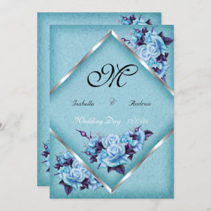 Elegant Wedding Teal Purple Roses Silver Bouquet a Invitation