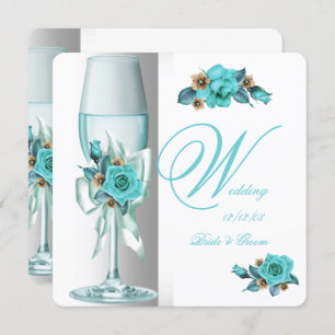 Elegant Wedding Teal White Beige Rose Champagne Invitation