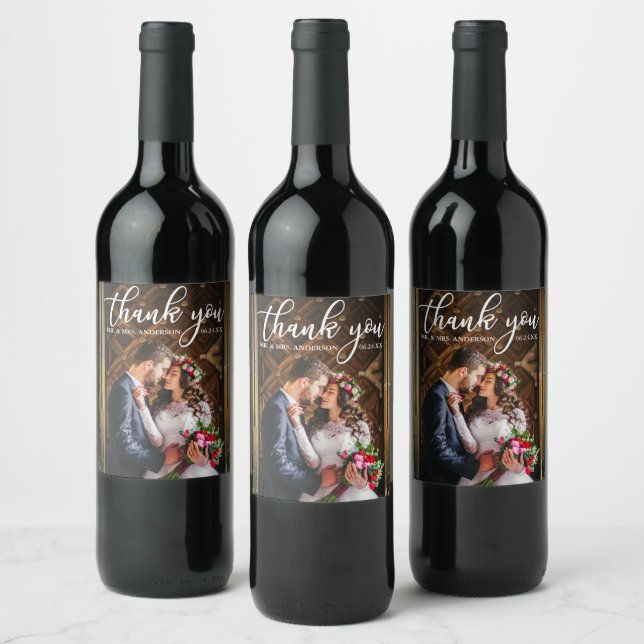 Elegant Wedding Thank You Bride and Groom Photo Wine Label (Bottles)