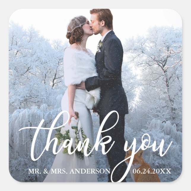 Elegant Wedding Thank You Bride Groom Photo Square Sticker (Front)
