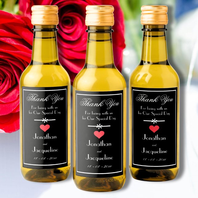 Elegant Wedding Thank You Favour Custom Mini  Wine Label (Simple Elegant Wedding Favors. Personalized Bride & Groom Names Black, & White with Red Hearts.)