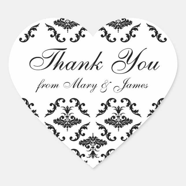 Elegant Wedding "Thank you" Label Black Damask (Front)