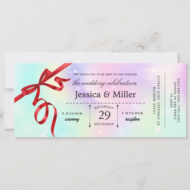 Elegant Wedding Ticket Invitation with Red Ribbon (Front)