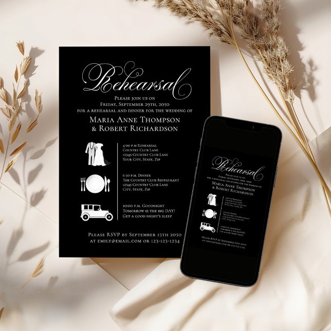 Elegant Wedding Timeline Rehearsal Dinner Invitation (Elegant calligraphy script wedding rehearsal dinner invitation.)