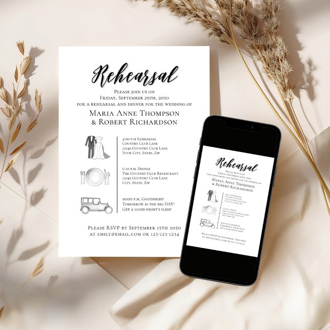 Elegant Wedding Timeline Rehearsal Dinner Invitation (Rehearsal dinner invitation with timeline. )