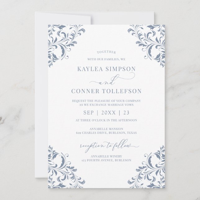Elegant Wedding Vintage Dusty Blue Calligraphy Invitation (Front)