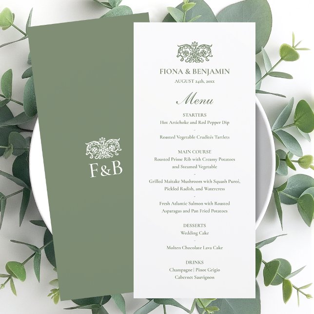 Elegant Wedding Vintage Floral Monogram Green Menu (Creator Uploaded)