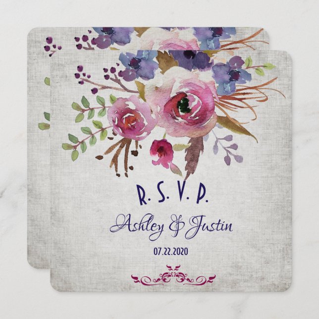 Elegant Wedding Watercolor Flowers RSVP Card (Front/Back)