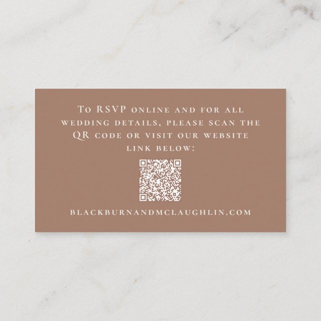 Elegant Wedding Website RSVP QR Code Mocha Brown Enclosure Card (Back)
