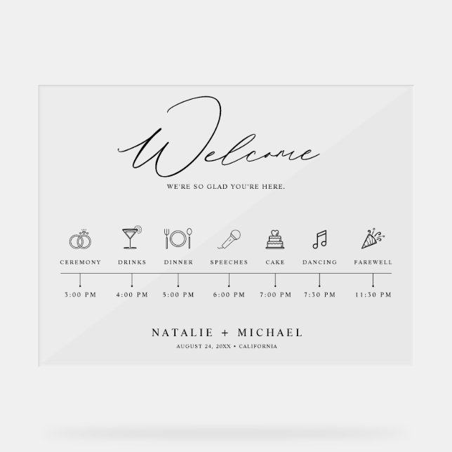 Elegant Wedding Welcome Acrylic Sign with Timeline (Front)