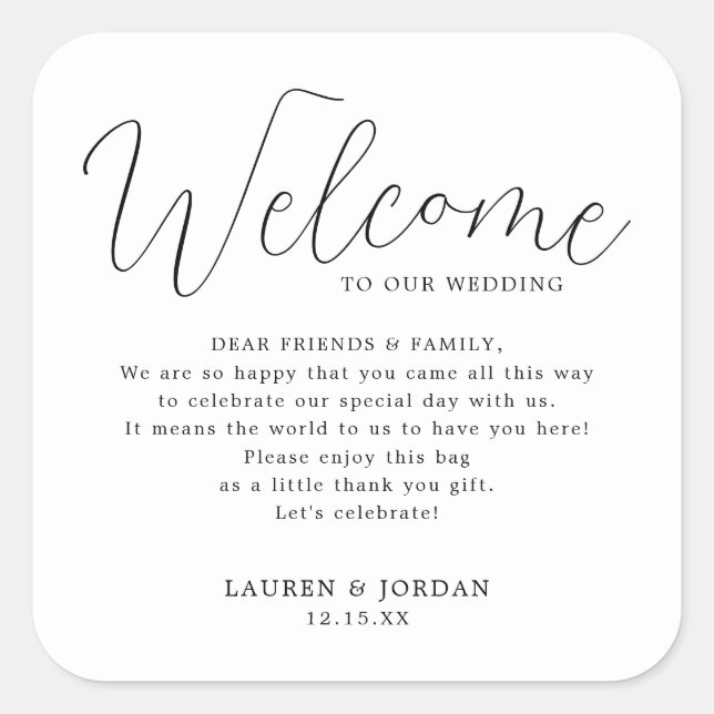 Elegant Wedding Welcome Bag Square Sticker (Front)