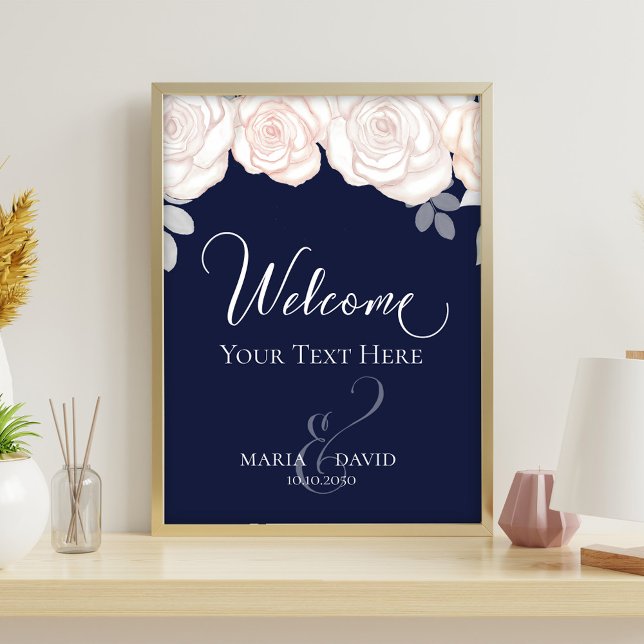 Elegant Wedding Welcome Create Your Own Navy Blue Flyer (Navy blue wedding welcome sign with blush roses and elegant script typography.)