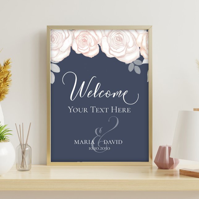 Elegant Wedding Welcome Create Your Own Slate Blue Flyer (Dusty blue wedding welcome sign with blush roses and elegant calligraphy script design.)