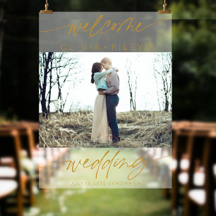 Elegant Wedding Welcome Frosted Photo   Gold Acrylic Sign
