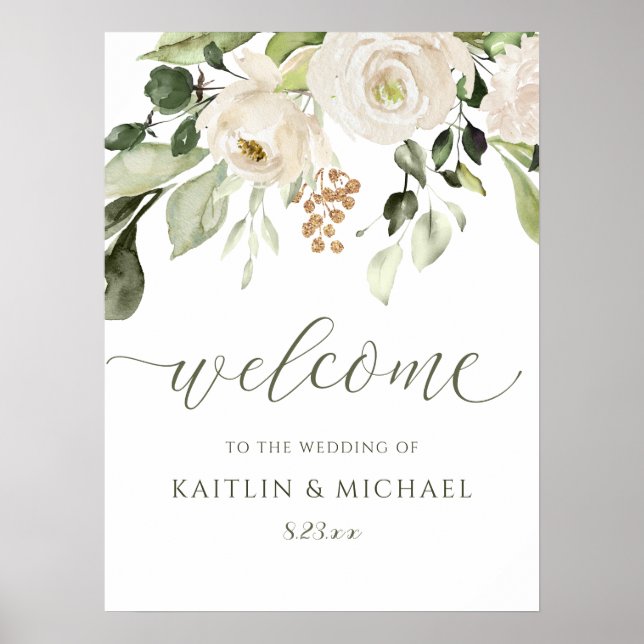 Elegant Wedding Welcome Sign Greenery White Flower (Front)