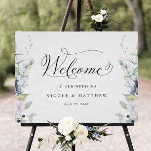 Elegant Wedding Welcome Sign White Blue Floral