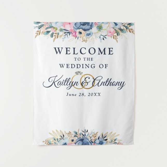 Elegant Wedding Welcome Watercolor Floral Tapestry (Front)