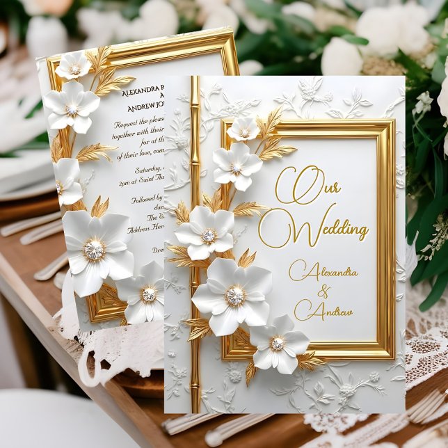Elegant Wedding White Embossed Gold Diamond Floral Invitation (Creator Uploaded)