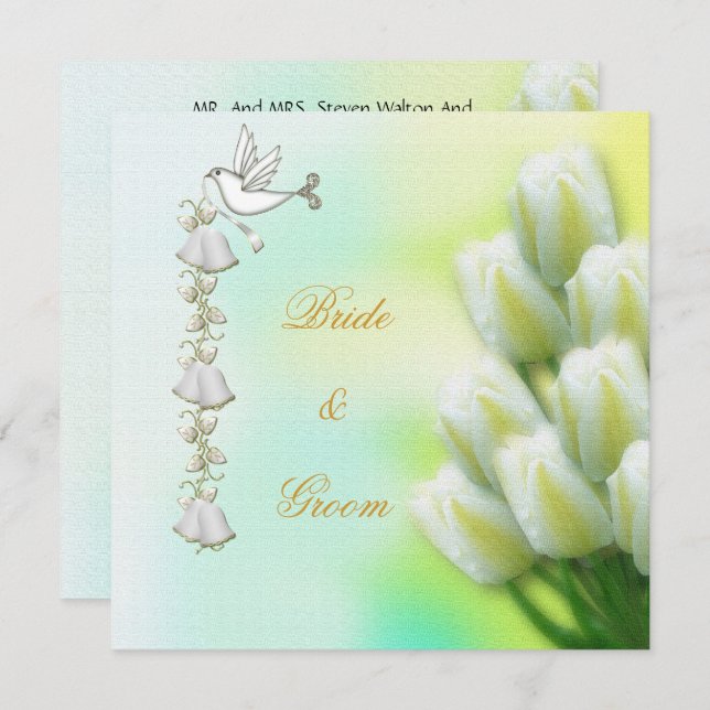 Elegant Wedding White Flowers Dove Bells Invitation (Front/Back)