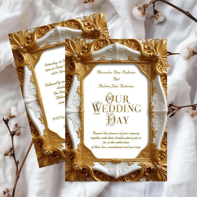 Elegant Wedding White Gold Ornate Frame Plate Invitation (Creator Uploaded)