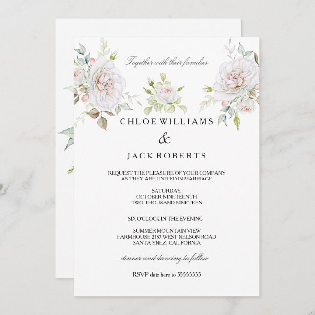 Elegant Wedding White Pink Rose Bouquet Invitation (Front/Back)