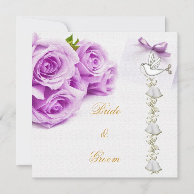 Elegant Wedding White Purple Roses Dove Bells Invitation (Front)