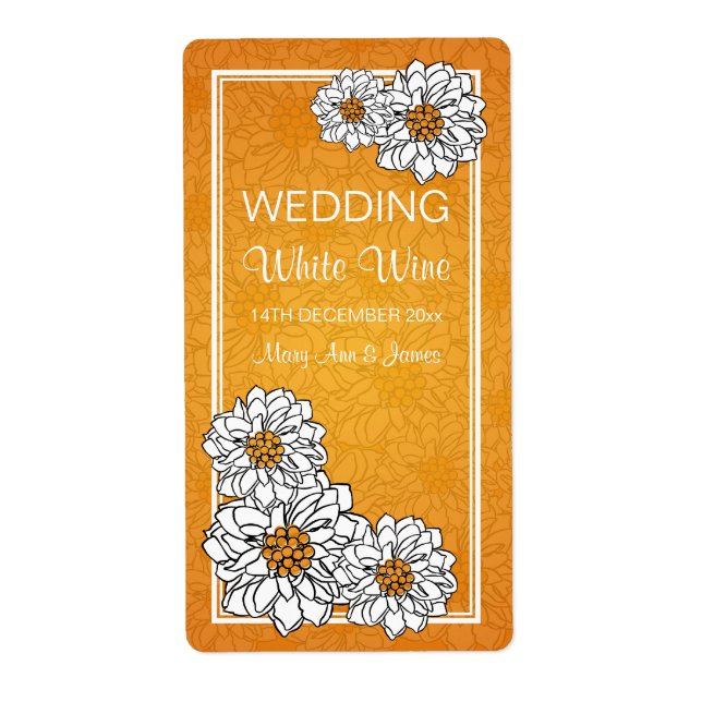 Elegant Wedding Wine Label Dahlia Floral Orange (Front)