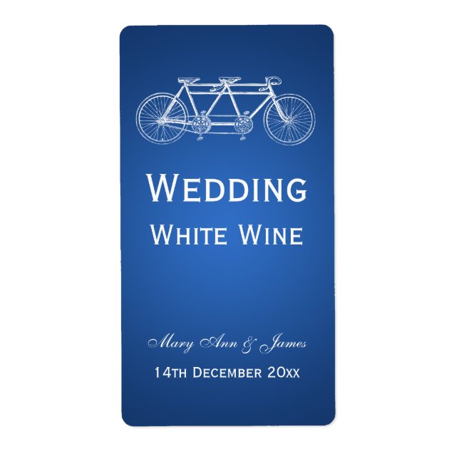 Elegant Wedding Wine Label Tandem Bike Blue (Front)