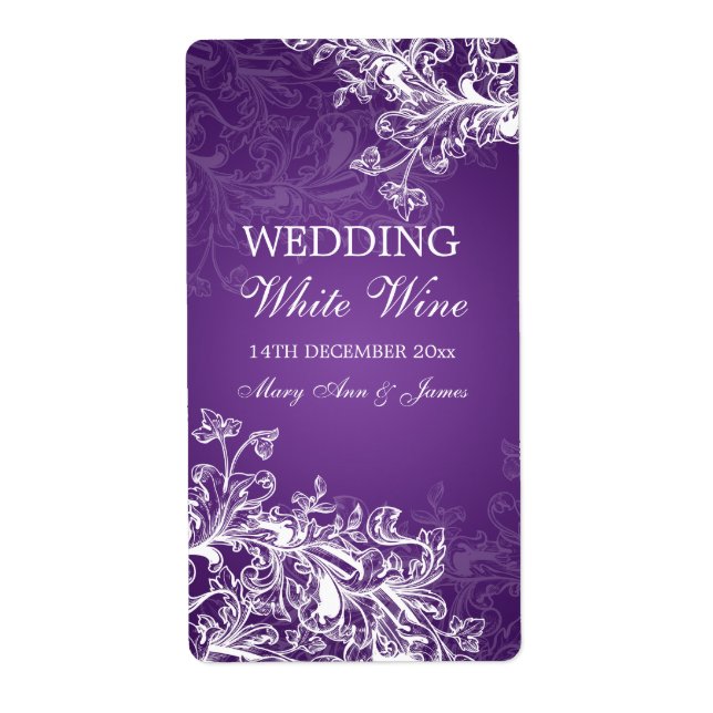Elegant Wedding Wine Label Vintage Swirls Purple (Front)
