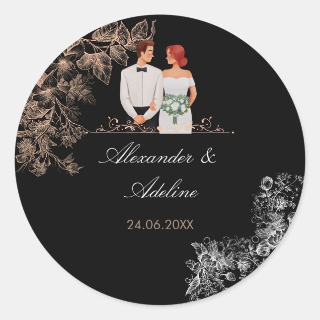 Elegant Wedding with Dark Floral  Classic Round Sticker (Front)