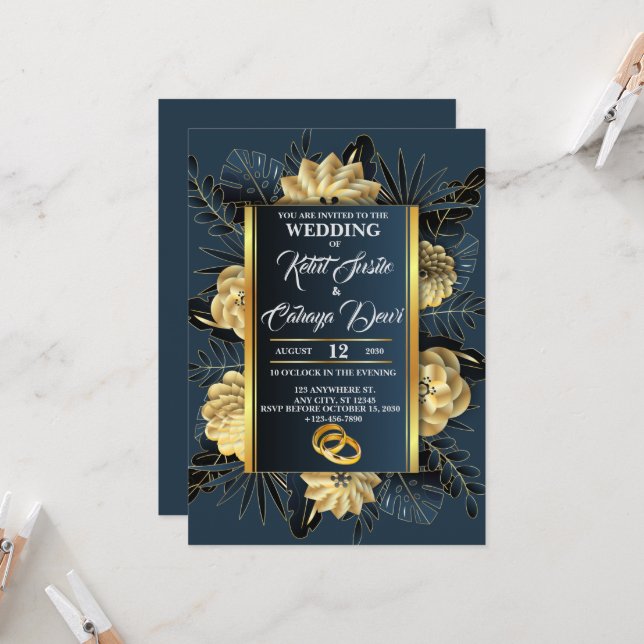 Elegant Wedding with Roses and Rings Invitation (Front/Back In Situ)