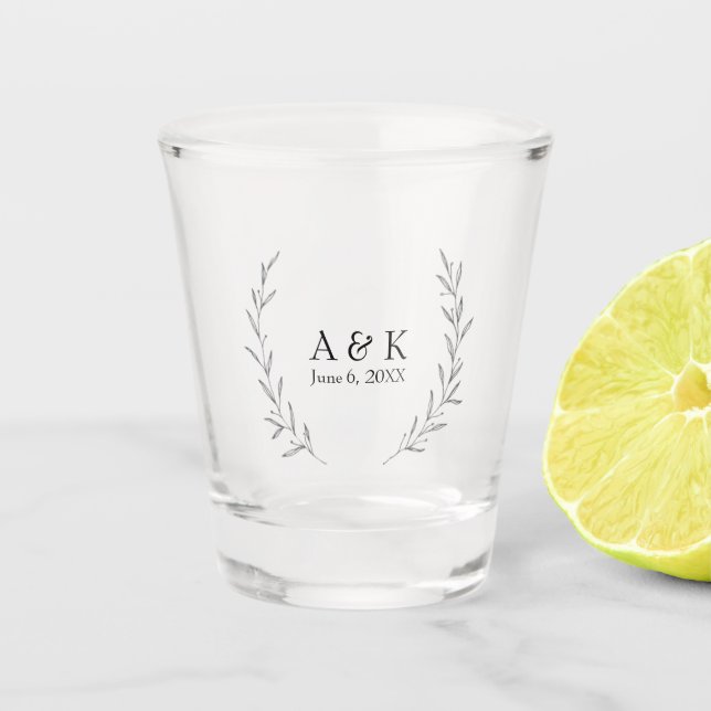 Elegant Wedding Wreath Personalised Initials Shot Glass (Front)