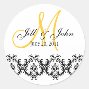 Elegant Wedding Yellow Monogram Save the Date Classic Round Sticker