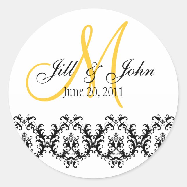 Elegant Wedding Yellow Monogram Save the Date Classic Round Sticker (Front)