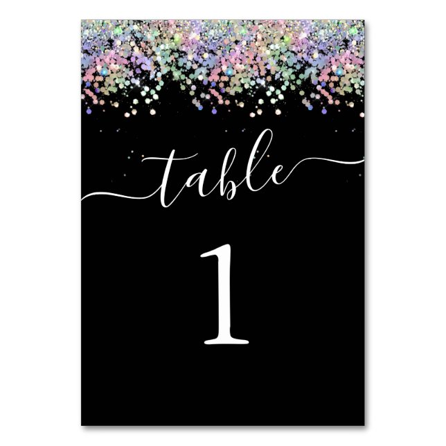 Elegant Weddings Holographic Glitter Black Table Number (Front)
